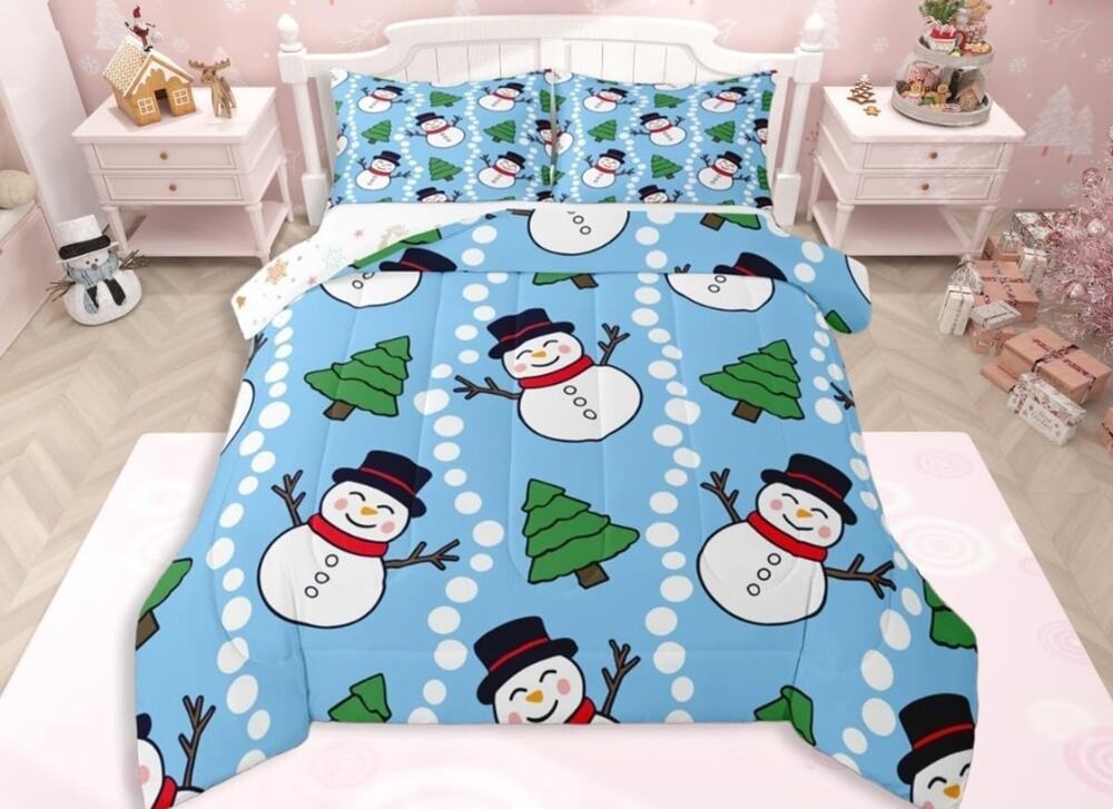 Christmas Comforter Set Full Size Snowman Trees Blue 3 pcs microfiber NIP